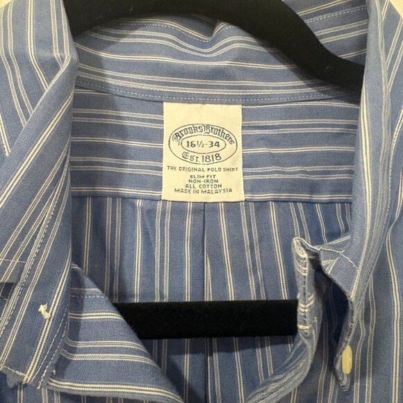 NWOT Brooks Brothers Slim Fit Non Iron All Cotton - Blue & White Stripe 16.5- 34 - Picture 2 of 3